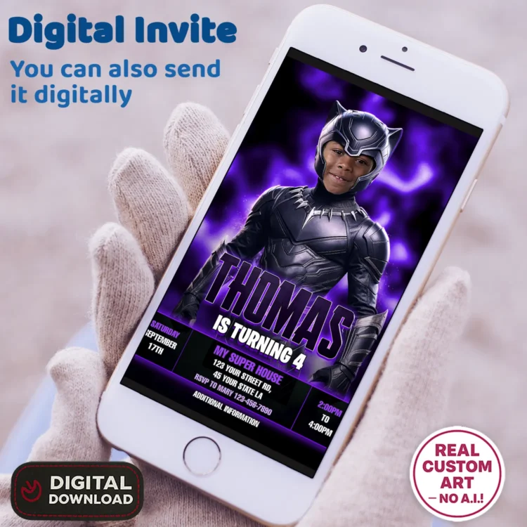 Black Panther Birthday Invitation with Photo – Personalized Superhero Design (24h Delivery) – Digital Download