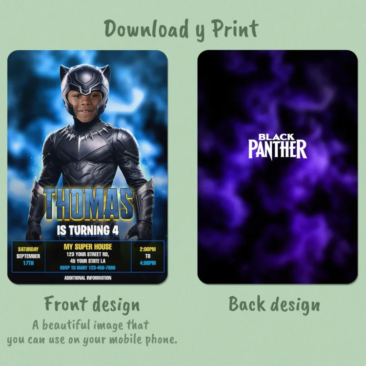 Black Panther Birthday Photo Invitation – Personalized Superhero Design (24h Delivery) – Digital Download