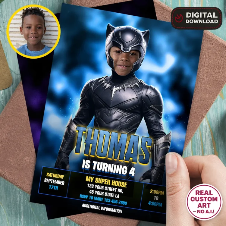 Black Panther Birthday Photo Invitation – Personalized Superhero Design (24h Delivery) – Digital Download