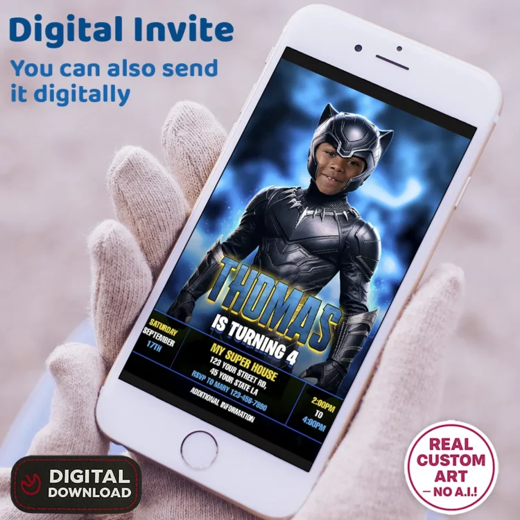 Black Panther Birthday Photo Invitation – Personalized Superhero Design (24h Delivery) – Digital Download