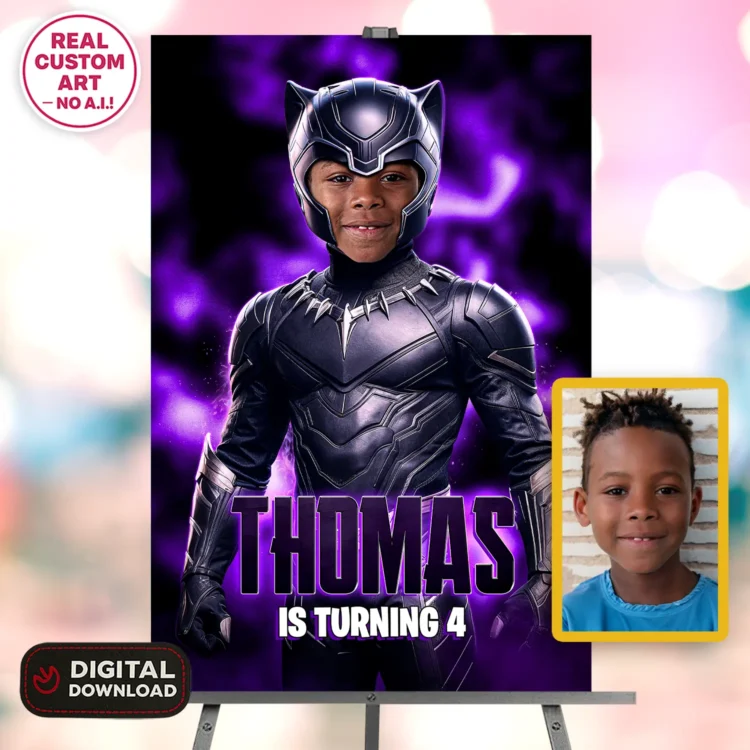 Black Panther Welcome Sign with Photo – Personalized 16×24 Vertical (24h Delivery) – Digital Download