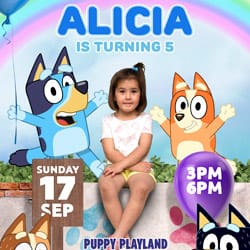 Printable Bluey Birthday Banner with cheerful blue and orange flags