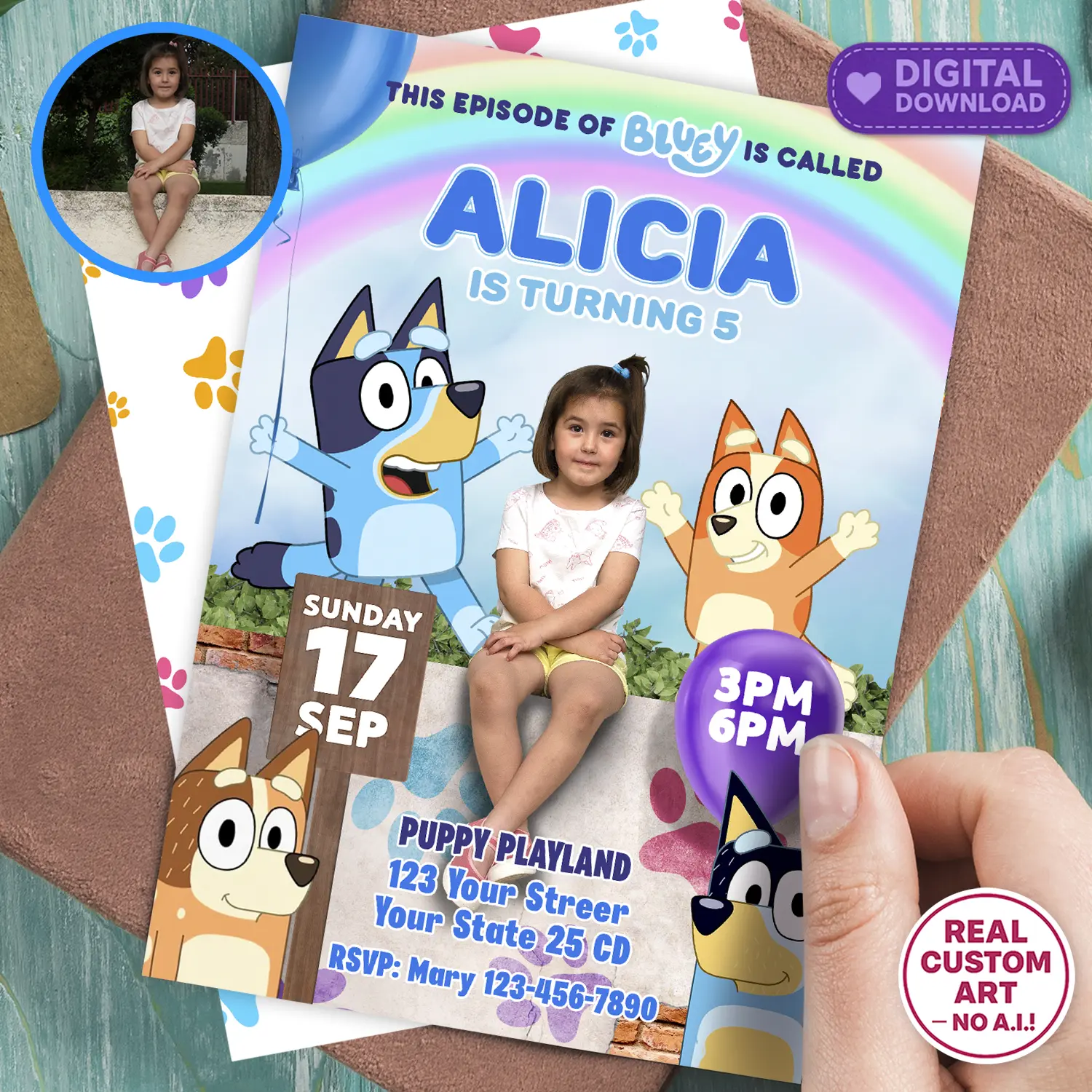 Bluey Birthday Invitation with Personalized Toddler Photo and Bluey and Bingo.