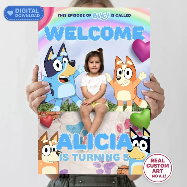 Bluey Welcome Sign with Photo – Personalized 16×24 Vertical (24h Delivery) – Digital Download