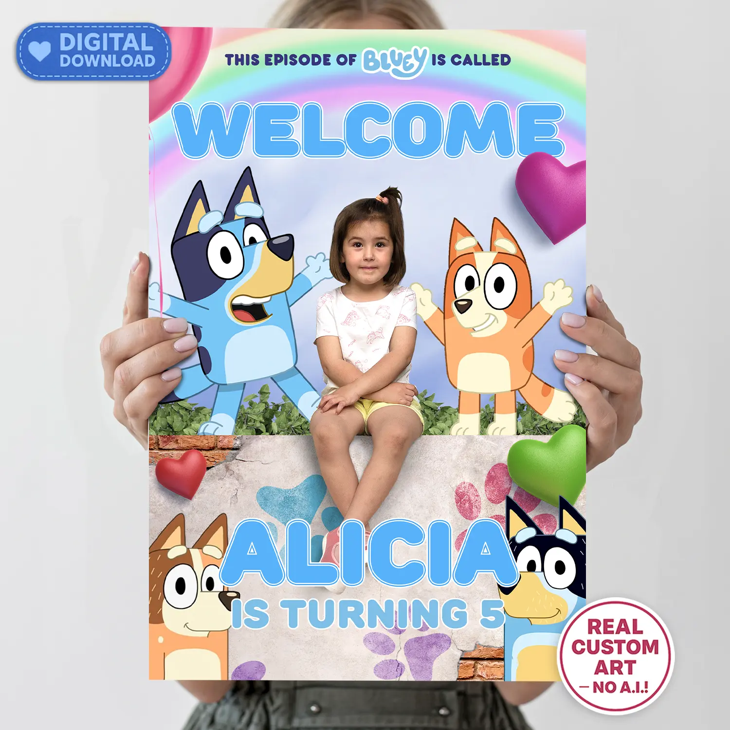 Bluey Welcome Sign with Photo – Personalized 16×24 Vertical (24h Delivery) – Digital Download