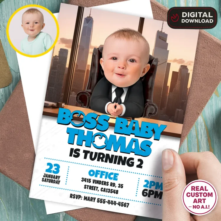 👔 Boss Baby Birthday Invitation with Photo – Personalized Corporate-Style Design (24h Delivery) – Digital Download