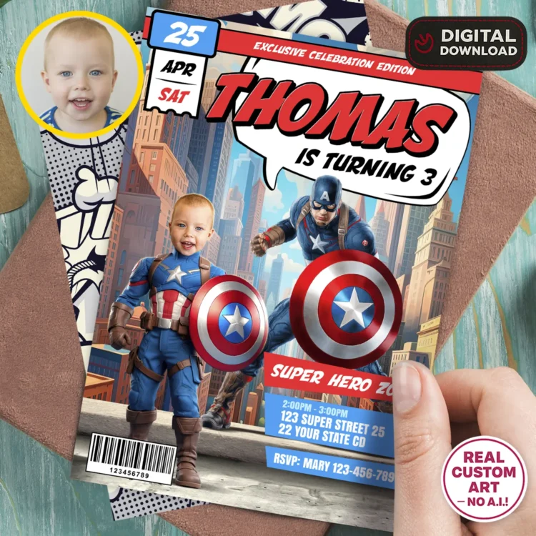 Captain America Birthday Invitation with Photo – Personalized Comic-Style Superhero Design (24h Delivery) – Digital Download