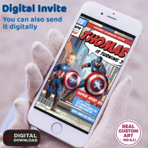 Captain America Birthday Invitation with Photo – Personalized Comic-Style Superhero Design (24h Delivery) – Digital Download