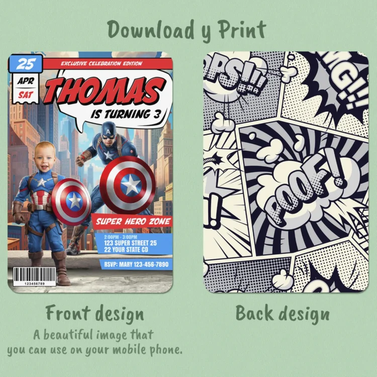 Captain America Birthday Invitation with Photo – Personalized Comic-Style Superhero Design (24h Delivery) – Digital Download