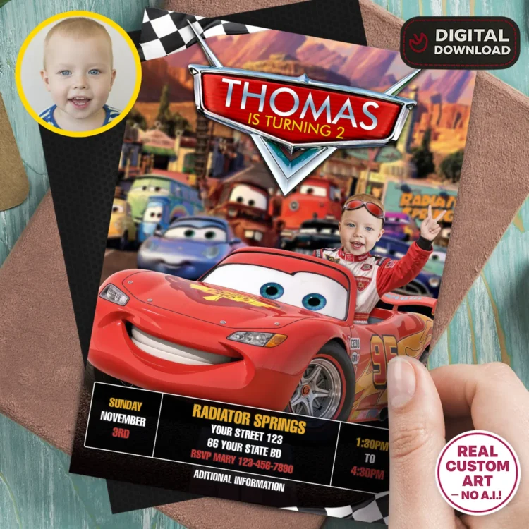 Cars Birthday Photo Invitation with Custom Child Face and Racing Background.