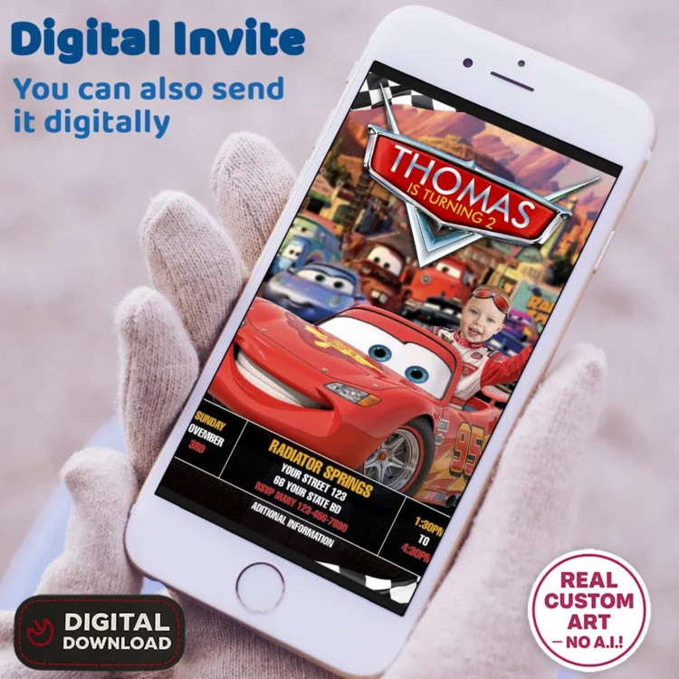Cars Birthday Photo Invitation – Personalized Lightning McQueen Driver Edition (24h Delivery) – Digital Download