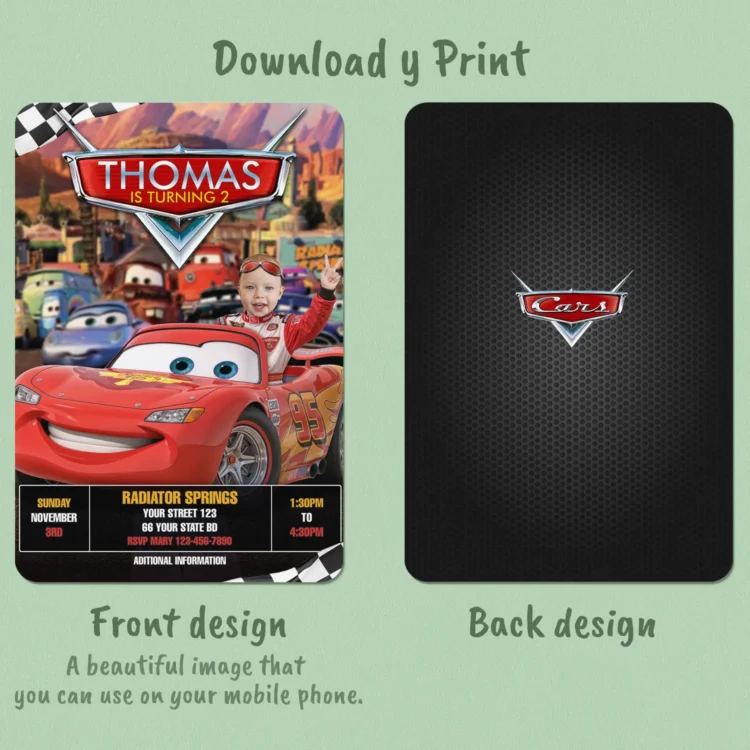 Cars Birthday Photo Invitation – Personalized Lightning McQueen Driver Edition (24h Delivery) – Digital Download