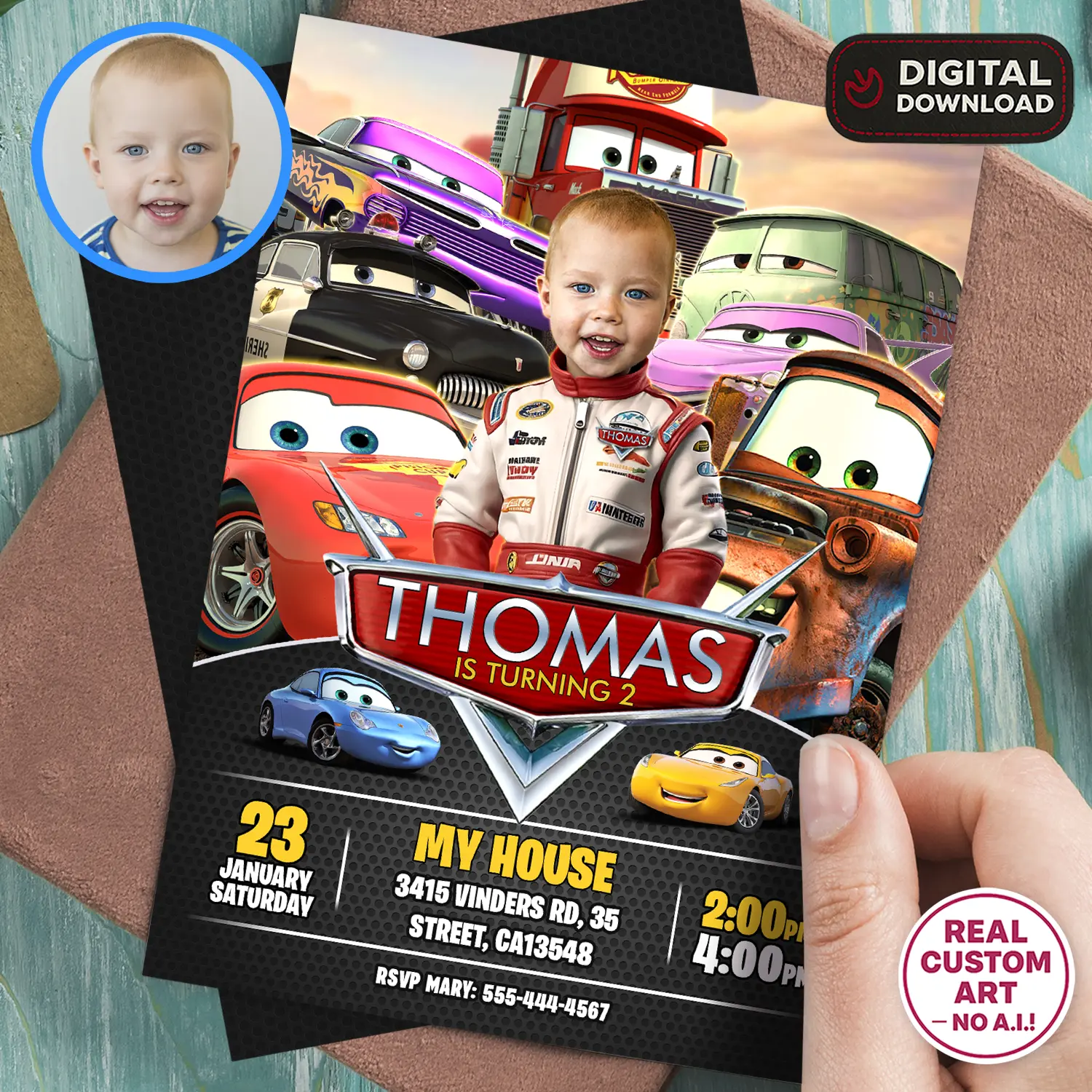 Disney Cars Birthday Invitation with Personalized Toddler Photo and Lightning McQueen.
