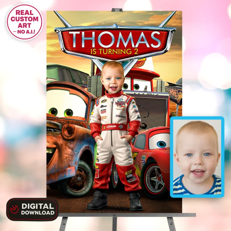 Cars Birthday Welcome Sign with Personalized Toddler Photo and Racing Track Background.