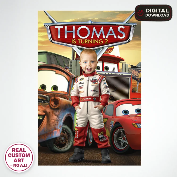 Cars Birthday Welcome Sign with Photo – Personalized 16×24 Vertical (24h Delivery) – Digital Download