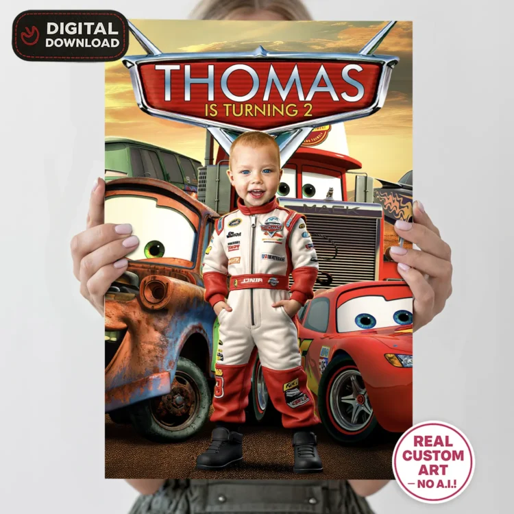 Cars Birthday Welcome Sign with Photo – Personalized 16×24 Vertical (24h Delivery) – Digital Download