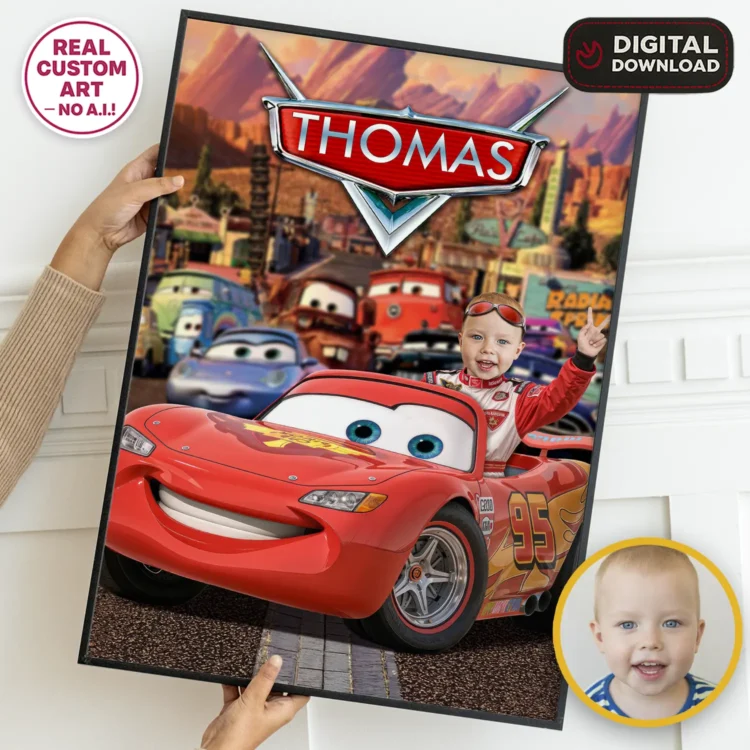 Cars Birthday Photo Welcome Sign with Personalized Toddler Face and Stadium Background.
