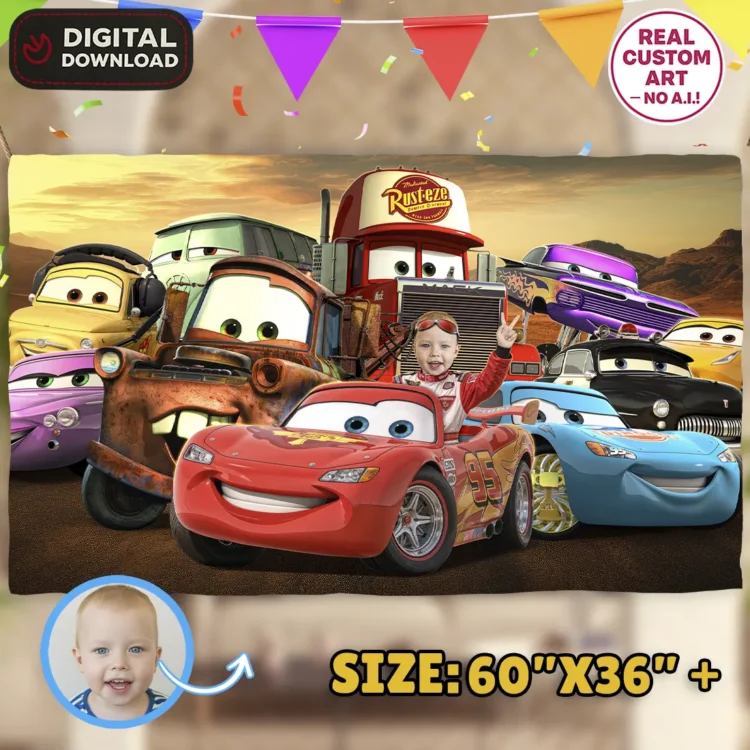 personalized-carsphoto-banner-and-party-deco-cars-kids-birthday-party-kids-3 Imagen 1: Cars Birthday Photo Banner with Personalized Child Face and Racing Stadium.
