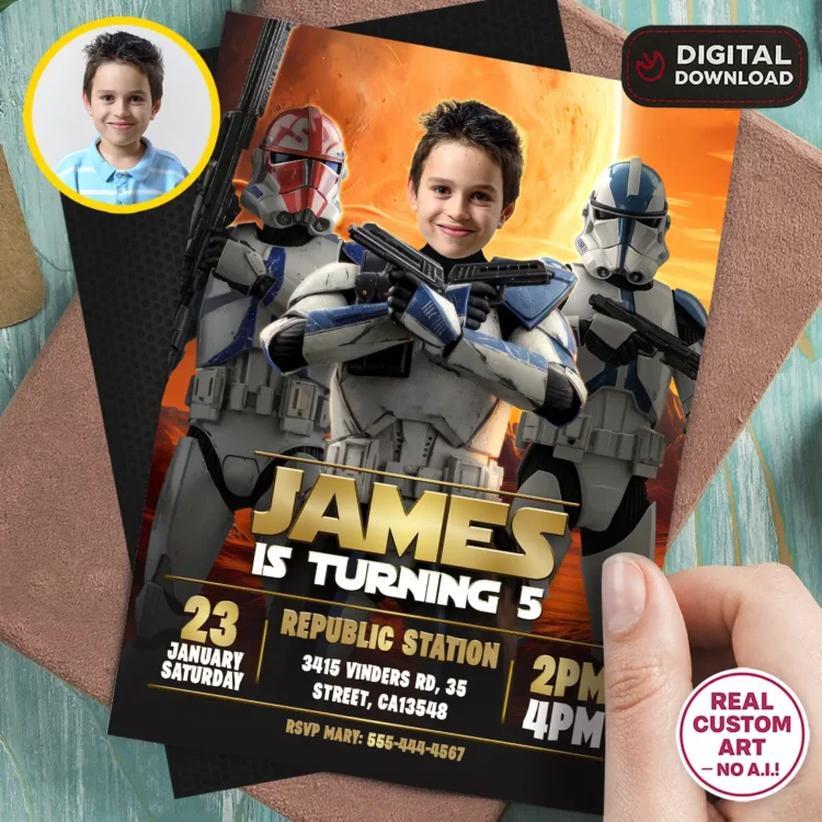 Star Wars Clone Troopers Birthday Photo Invitation – Personalized Trooper Photo Card (24h Delivery) – Digital Download