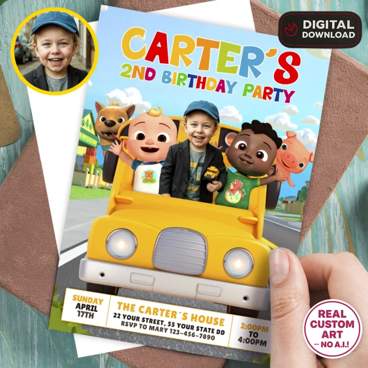 CoComelon Birthday Invitation with Photo – Personalized CoComelon Photo Card (24h Delivery) – Digital Download