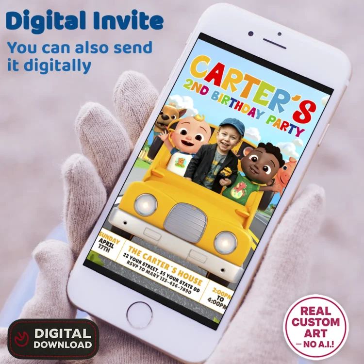 CoComelon Birthday Invitation with Photo – Personalized CoComelon Photo Card (24h Delivery) – Digital Download