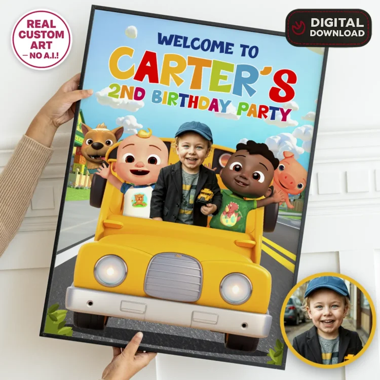 Cocomelon Welcome Sign with Photo – Personalized 16×24 Vertical (24h Delivery) – Digital Download
