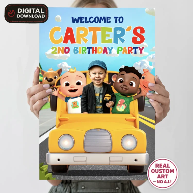 Cocomelon Welcome Sign with Photo – Personalized Cocomelon Party Deco (24h Delivery) – Digital Download