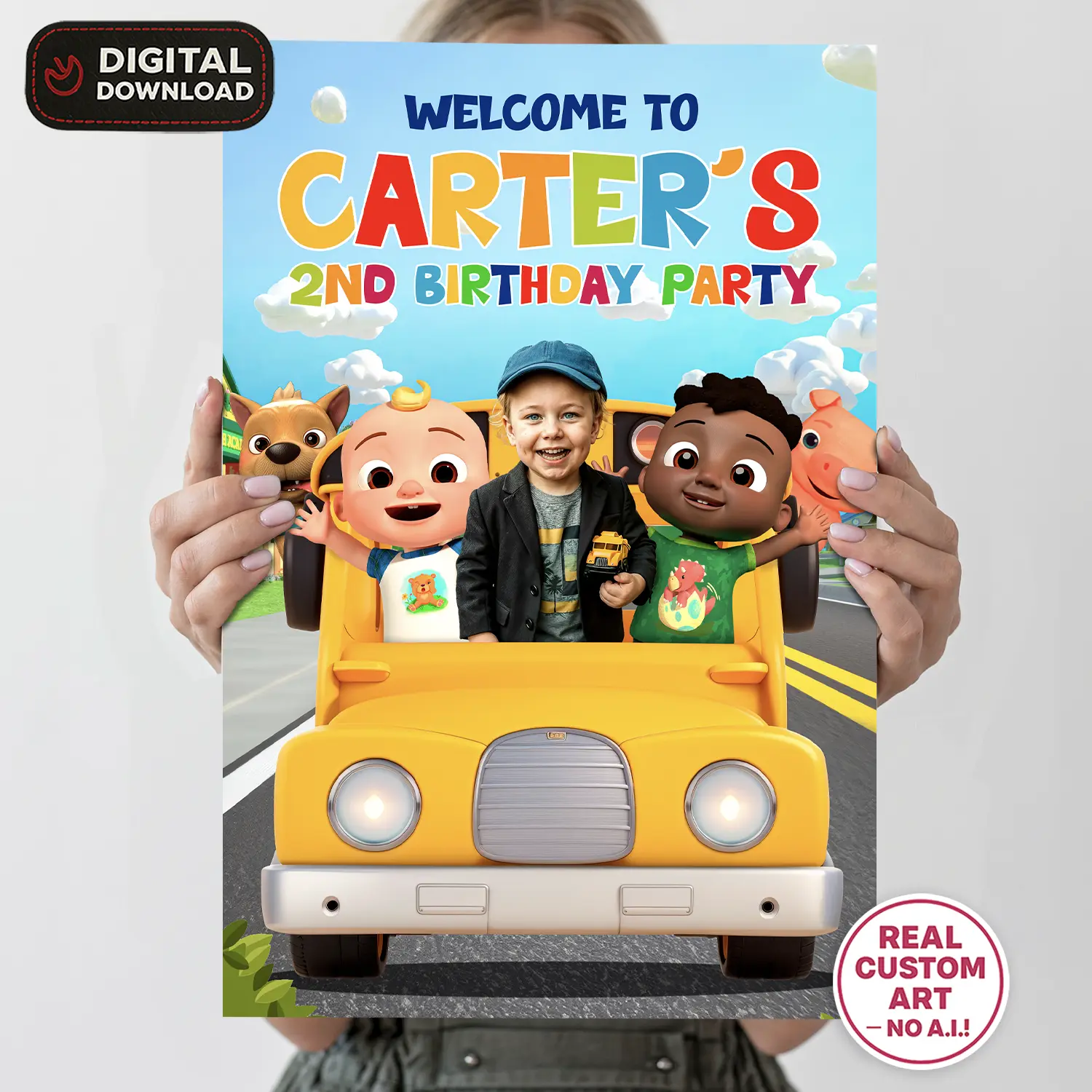 personalized-cocomelon-photo-welcome-suign-and-party-deco-cars-kids-birthday-cocomelon-photo-card-2 Cocomelon Welcome Sign with Photo – Personalized Cocomelon Party Deco (24h Delivery) – Digital Download