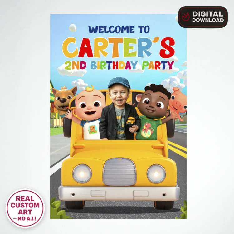 Cocomelon Welcome Sign with Photo – Personalized 16×24 Vertical (24h Delivery) – Digital Download