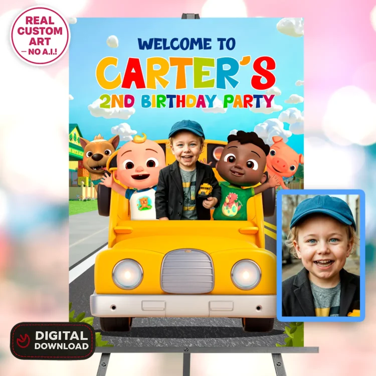 Cocomelon Welcome Sign with Photo – Personalized Cocomelon Party Deco (24h Delivery) – Digital Download