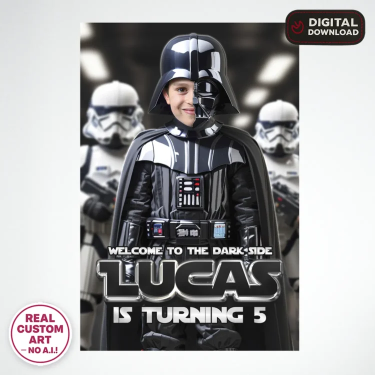 Star Wars Birthday Welcome Sign with Photo (Darth Vader Theme) – Personalized 16×24 Vertical (24h Delivery) – Digital Download