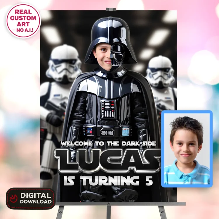 Star Wars Birthday Welcome Sign with Photo (Darth Vader Theme) – Personalized 16×24 Vertical (24h Delivery) – Digital Download
