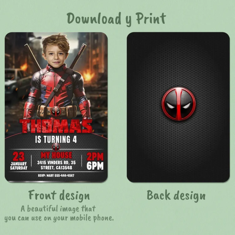 Deadpool Birthday Invitation with Photo – Personalized SuperHero Card (24h Delivery) – Digital Download