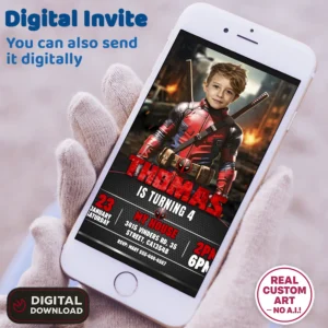 Deadpool Birthday Invitation with Photo – Personalized 5×7 Vertical (24h Delivery) – Digital Download