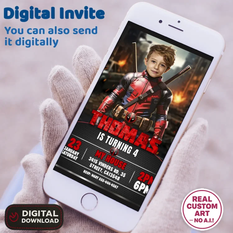 Deadpool Birthday Invitation with Photo – Personalized 5×7 Vertical (24h Delivery) – Digital Download