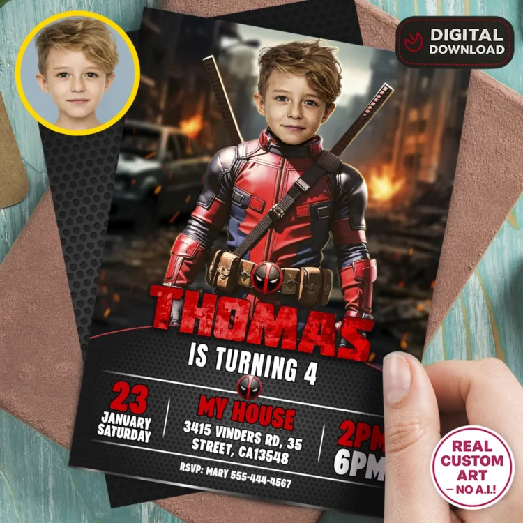 Deadpool Birthday Invitation with Photo – Personalized 5×7 Vertical (24h Delivery) – Digital Download