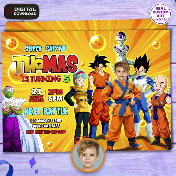 Dragon Ball Goku Birthday Photo Invitation – Personalized Manga Photo Card (24h Delivery) – Digital Download
