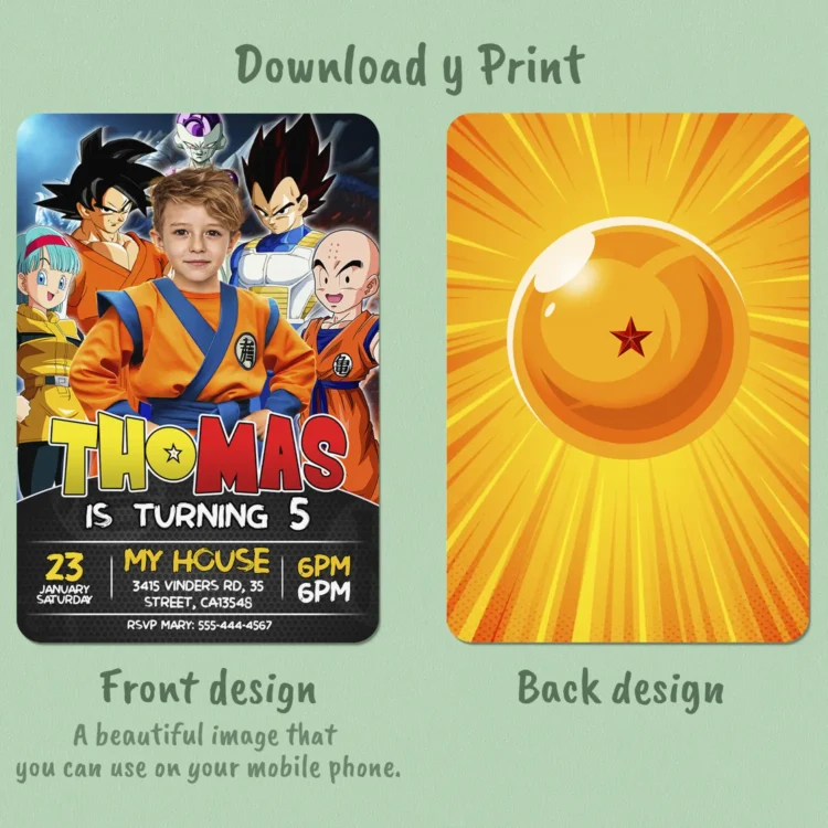 Saiyan Hero Goku Birthday Photo Invitation – Dragon Ball Theme – Personalized (24h Delivery) – Digital Download