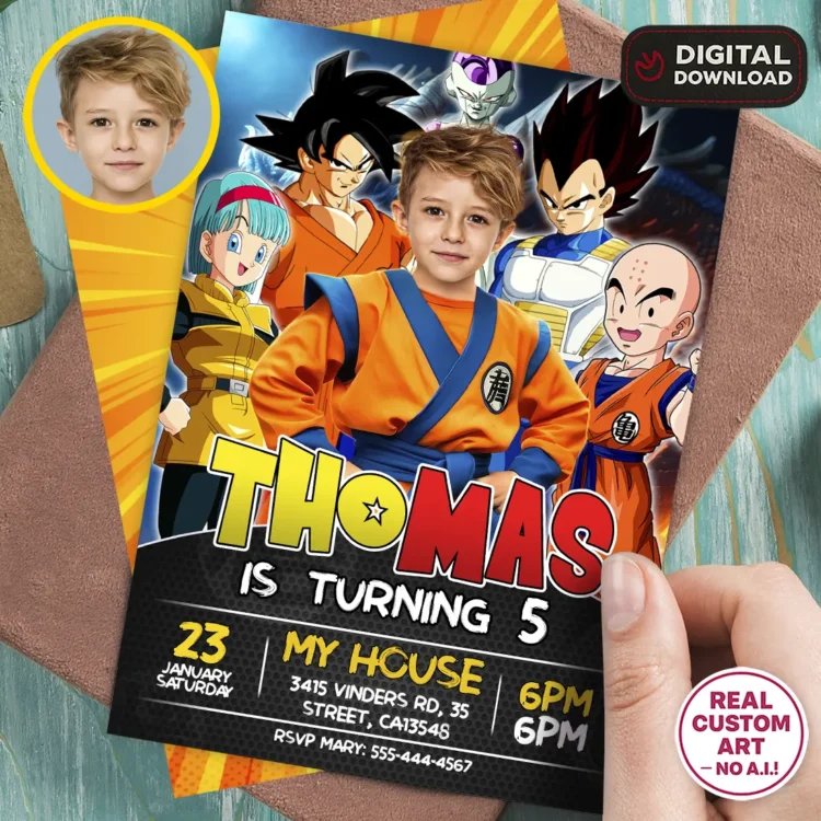 Saiyan Hero Goku Birthday Photo Invitation – Dragon Ball Theme – Personalized (24h Delivery) – Digital Download