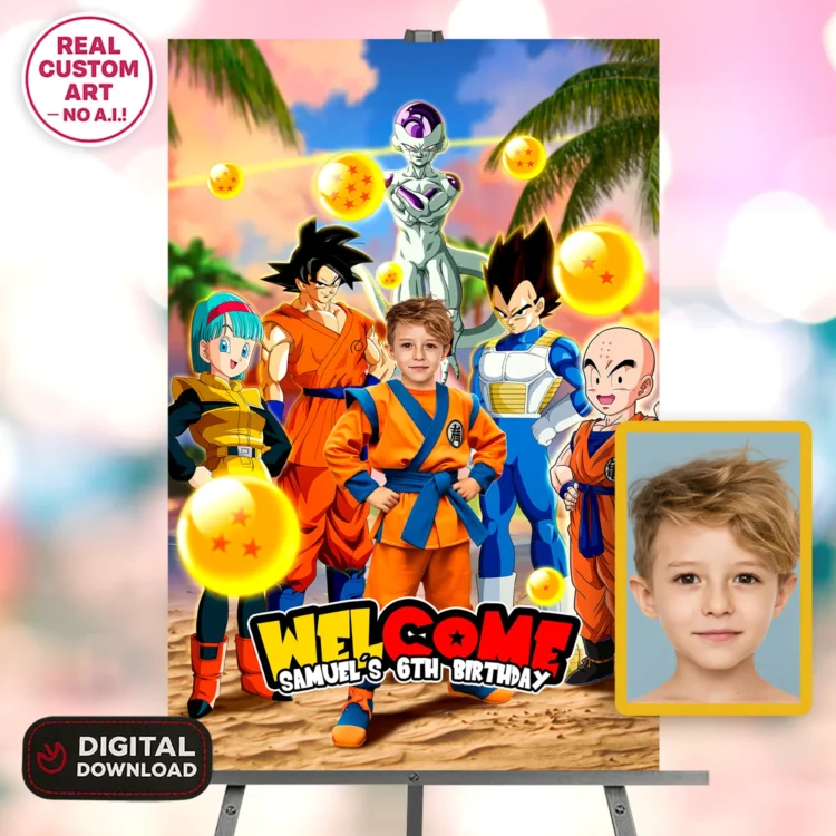 Saiyan Hero Goku Birthday Photo Welcome Sign – Personalized Dragon Ball Photo Card (24h Delivery) – Digital Download
