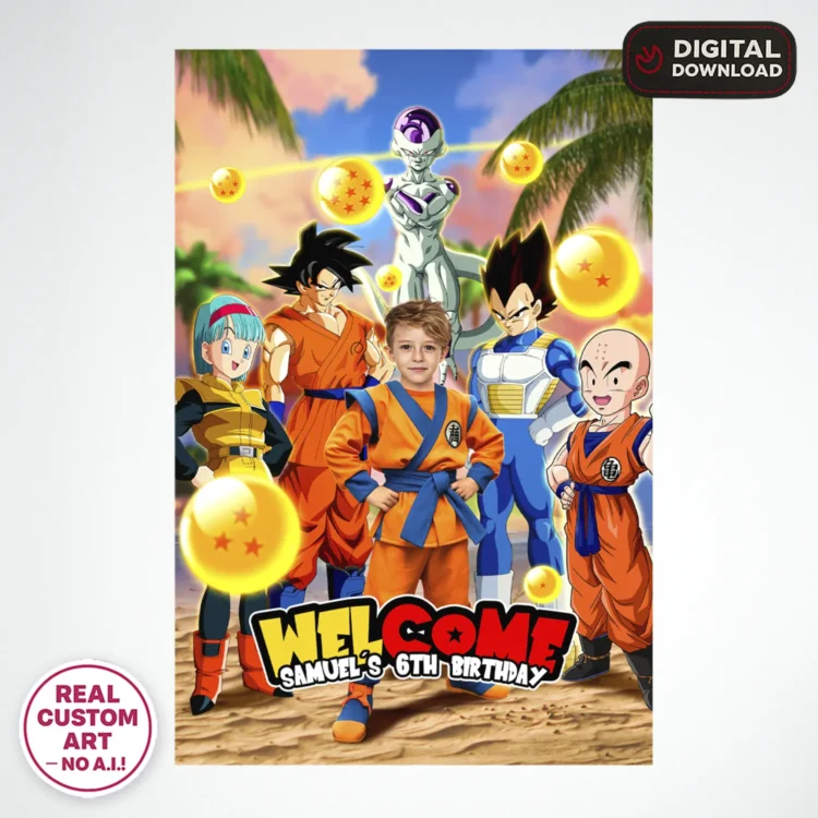 Saiyan Hero Goku Birthday Photo Welcome Sign – Personalized Dragon Ball Photo Card (24h Delivery) – Digital Download