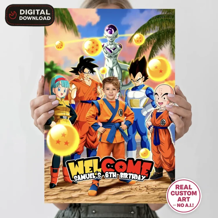 Saiyan Hero Goku Birthday Photo Welcome Sign – Personalized Dragon Ball Photo Card (24h Delivery) – Digital Download