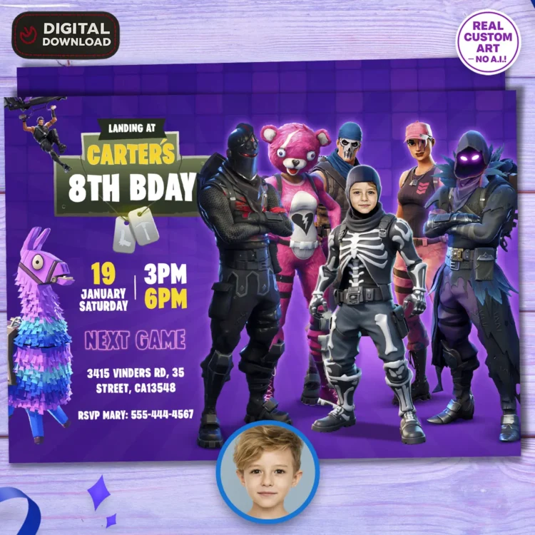 Fortnite Birthday Invitation with Photo – Personalized 5×7 Horizontal (24h Delivery) – Digital Download