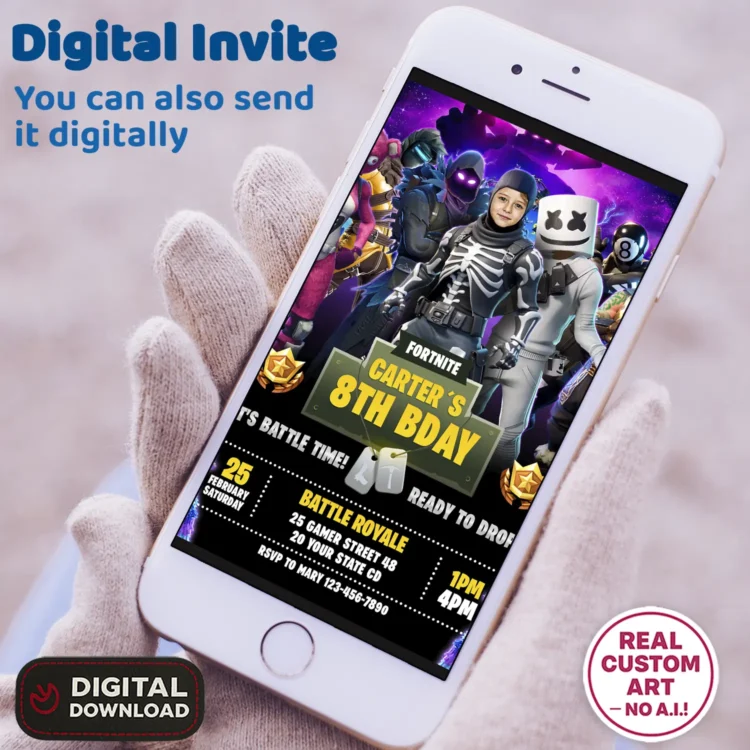 Fortnite Battle Royale Birthday Invitation with Photo – Personalized Vertical Fortnite Party Card (24h Delivery) – Digital Download