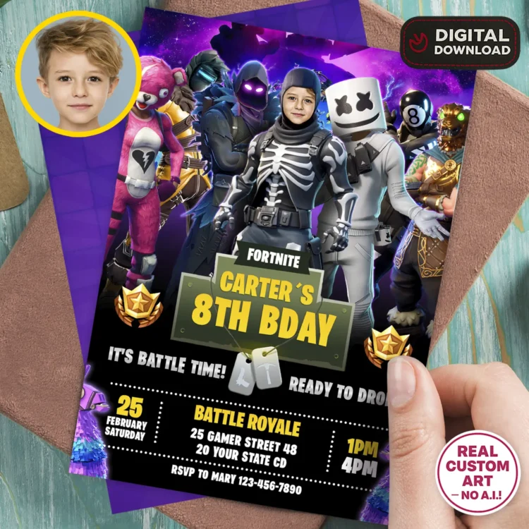 Fortnite Battle Royale Birthday Invitation with Photo – Personalized Vertical Fortnite Party Card (24h Delivery) – Digital Download
