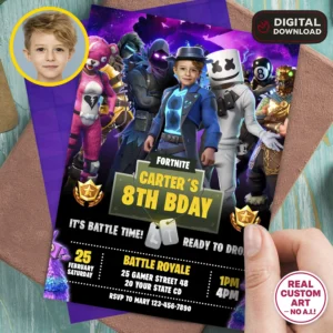 Fortnite Battle Royale Birthday Invitation with Photo – Personalized Vertical Fortnite Party Card (24h Delivery) – Digital Download