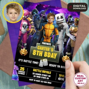 Fortnite Battle Royale Birthday Invitation with Photo – Personalized Vertical Fortnite Party Card (24h Delivery) – Digital Download