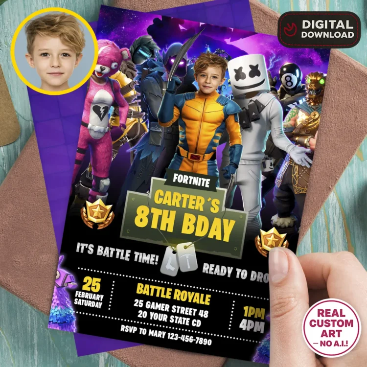 Fortnite Battle Royale Birthday Invitation with Photo – Personalized Vertical Fortnite Party Card (24h Delivery) – Digital Download