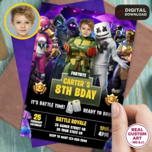 Fortnite Battle Royale Birthday Invitation with Photo – Personalized Vertical Fortnite Party Card (24h Delivery) – Digital Download
