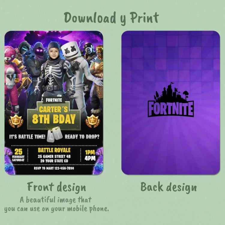 Fortnite Battle Royale Birthday Invitation with Photo – Personalized Vertical Fortnite Party Card (24h Delivery) – Digital Download